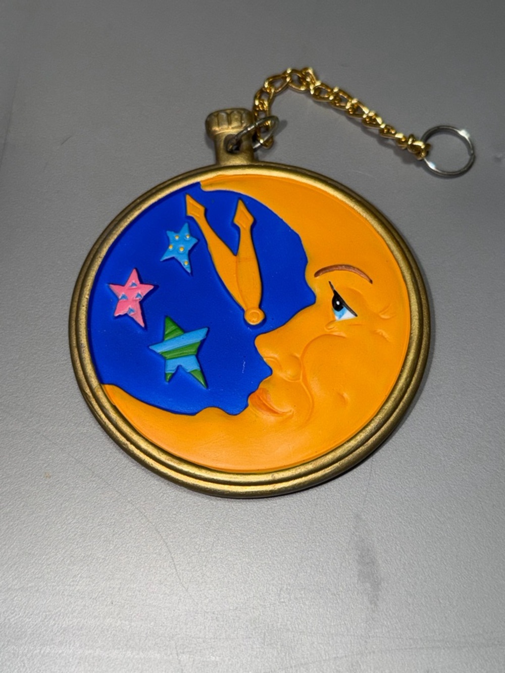 Moon Face Keychain Pendant in Bright Orange and Blue celestial ornament
